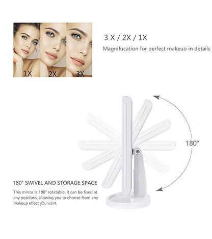 36 LED Nature Daylight Lighted Makeup Mirror,Tri-Fold Lighted Makeup Mirror with 3X/2X Magnification and Touch Screen Dimming Makeup Mirror, 180 Degree free Rotation, Countertop Cosmetic Mirror