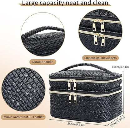 Makeup Bag for Women Double Layer Cosmetic Bag with Jewelry Compartment Large Toiletry Bag for Traveling Portable Makeup Storage Box (A/Black)