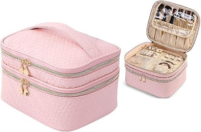 Makeup Bag for Women Double Layer Cosmetic Bag with Jewelry Compartment Large Toiletry Bag for Traveling Portable Makeup Storage Box (A/Black)