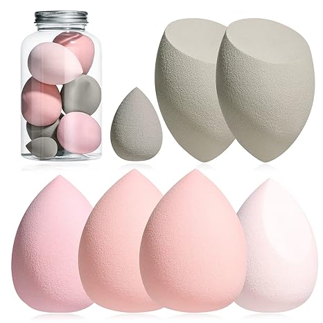 Makeup Sponge Set Blender Sponges 7 Pcs for Liquid, Cream, and Powder, Multi-colored with 1 Mini Makeup Sponge Pink (F-PinkGrey)